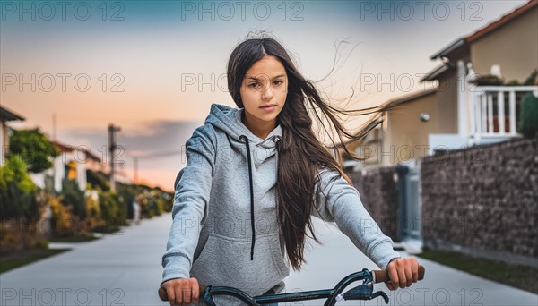 Serious teen girl with wind in her hair riding a bicycle in a suburban neighborhood at dusk, AI generated