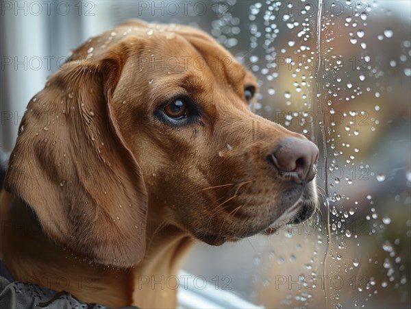 Bad weather, dog and cat looking sadly outside through a rainy window pane, AI generated