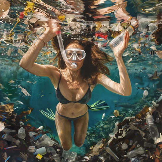 Underwater shot of a worried woman swimming in a sea of rubbish, AI generated