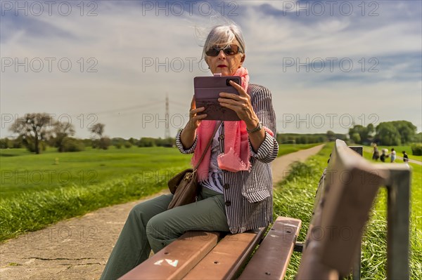 Senior citizen sitting on a bench and looking at her smartphone, frontal view, Deichkrone, Rhine, Zons, North Rhine-Westphalia, Germany, Europe