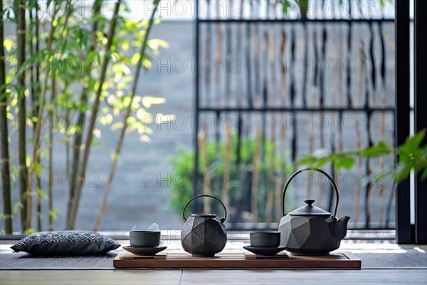 A contemporary reimagining of the traditional Japanese tea ceremony, presented in a minimalist space that combines the classic values of hospitality and grace with a touch of modernity, tea service, Japan, AI generated, AI generated, Asia
