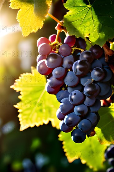 AI generated ripe grapes clinging to a vine sunlight dancing through the leaves accentuating their rich hues