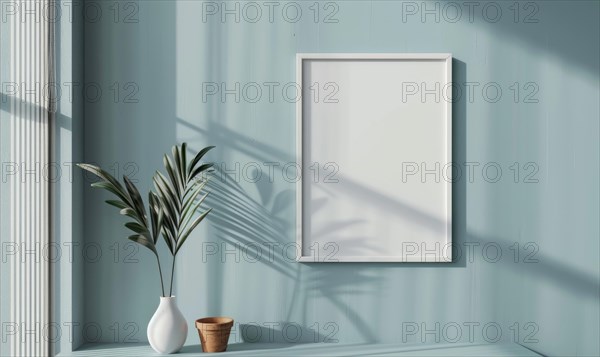 A blank image frame mockup on a pale gray-blue wall in a minimalistic modern interior room AI generated