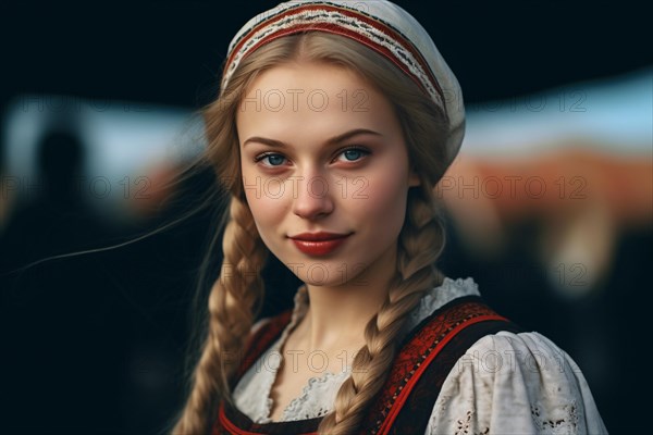 Beautiful blond woman in slavic clothes. KI generiert, generiert, AI generated