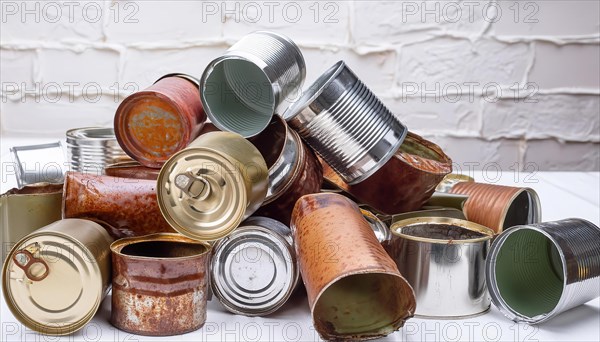 Symbol photo, many empty tin cans, partly crushed, rusty, dirty, on a white background, AI generated, AI generated