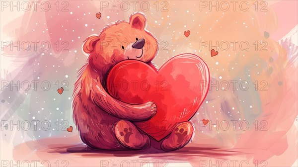 A content bear holding a big red heart surrounded by pink hues and floating hearts, AI generated