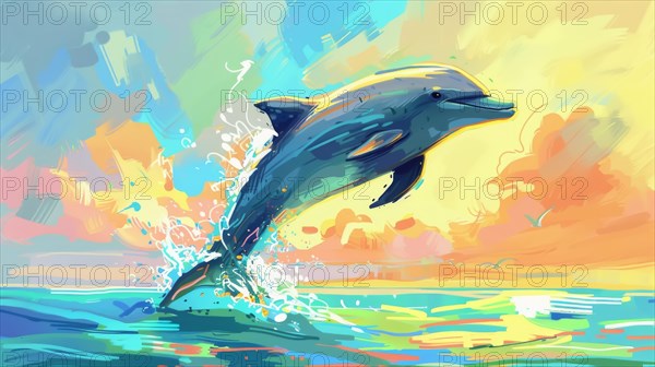 Artistic depiction of a dolphin leaping from the sea with soft pastel tones, AI generated