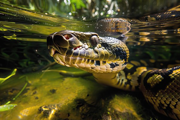 Large anaconda swimming under water, AI generated