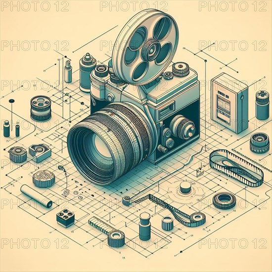 Intricately detailed isometric illustration featuring a vintage camera. Film reels. And photographic equipment laid out meticulously, AI generated