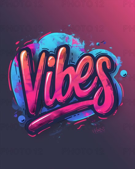Vibrant neon sign with the word 'Vibes' in cursive script against a pink and blue gradient, AI Generated, AI generated