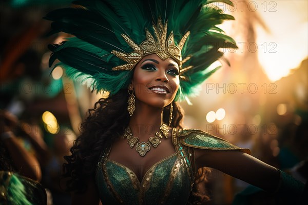 Captivating image capturing the essence of the Rio Carnival, showcasing a dancer adorned in an elaborate, vibrant costume, embodying the spirit and energy of this iconic festival, AI generated