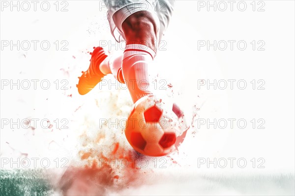 A soccer player kicks a ball on a field. Concept of action and excitement, as the player is in the midst of a game, AI generated