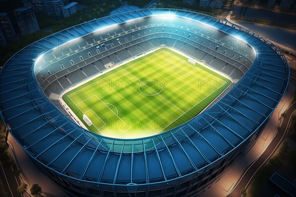 Aerial bird eye top view of a soccer football field stadium in night, AI generated