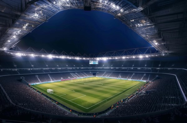 A soccer field with a large crowd of people spectators fans watching the game in evening. The stadium is lit up with bright flood spotlights ready for a match game, AI generated