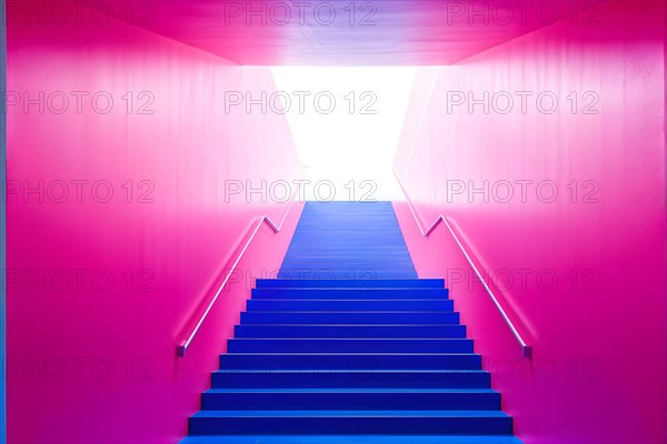 AI generated minimalist architectural shot of pink and blue walls intersecting around a modern stairway