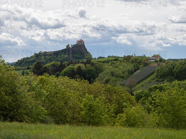 Forest edge, Riegersburg Castle in the background, Styrian volcanic country near Riegersburg, Styria, Austria, Europe