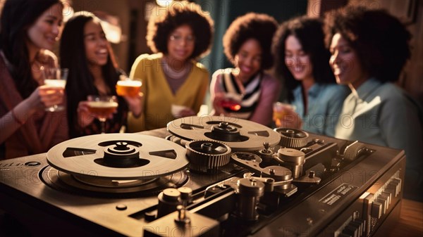 Vintage reel-to-reel tape recorder at a party with people holding drinks in the background, AI generated