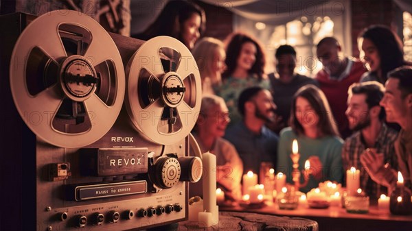 Retro reel-to-reel player in focus at a friendly intimate gathering with soft candle lighting, AI generated