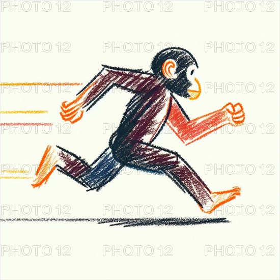 Abstract crayon sketch of a dynamic monkey in motion with vibrant colors, AI generated
