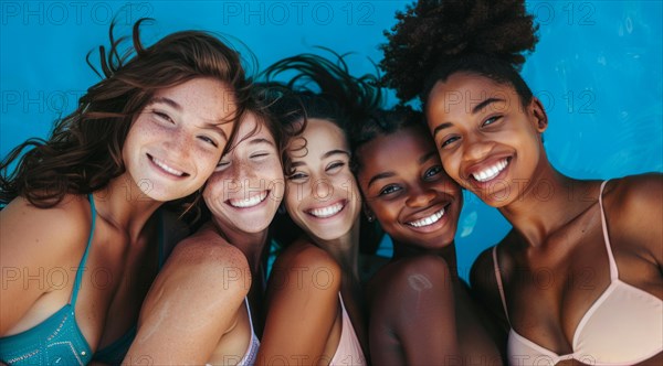 A group of women are smiling and posing for a photo. They are wearing bikinis and hats, AI generated