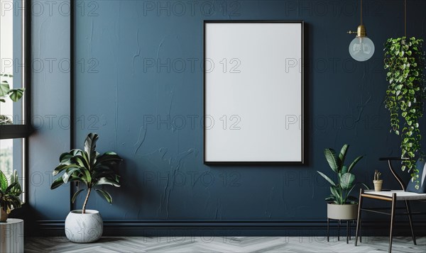 A blank image frame mockup on a slate blue wall AI generated