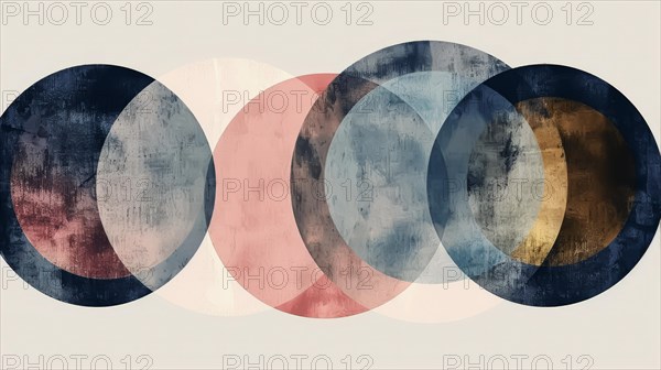 Elegant abstract with overlapping circles in desaturated colors, with a vintage texture, AI generated