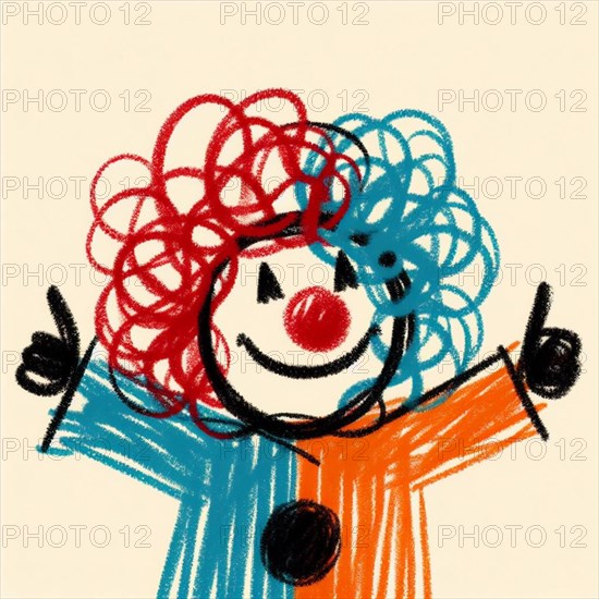 Smiling clown with blue hair giving thumbs up, AI generated