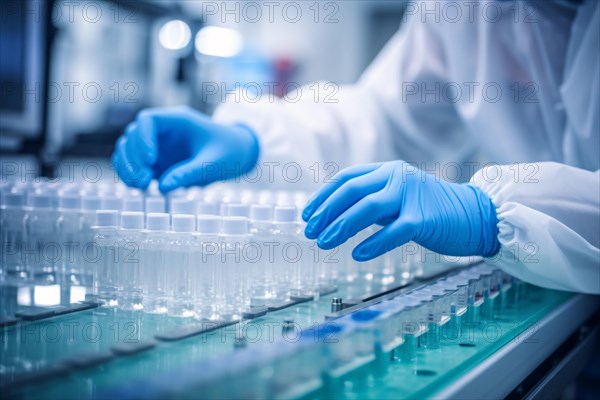 Scientist with black gloves with many vials in lab. KI generiert, generiert, AI generated