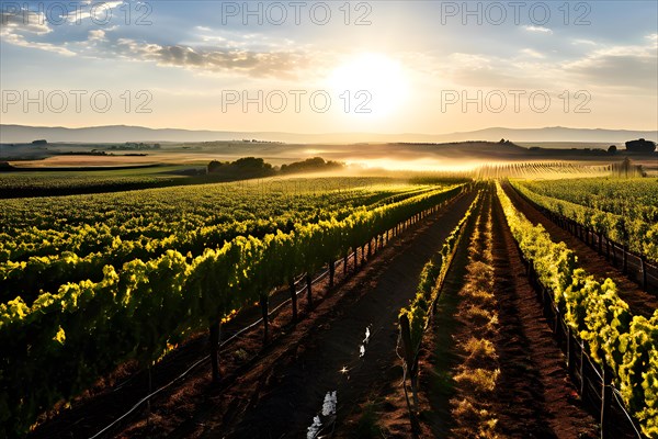 AI generated aerial view of a vineyard landscape interspersed with blooming wildflowers in spring