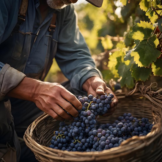 AI generated close up of workers hands delicately select ripened clusters of ripe grapes