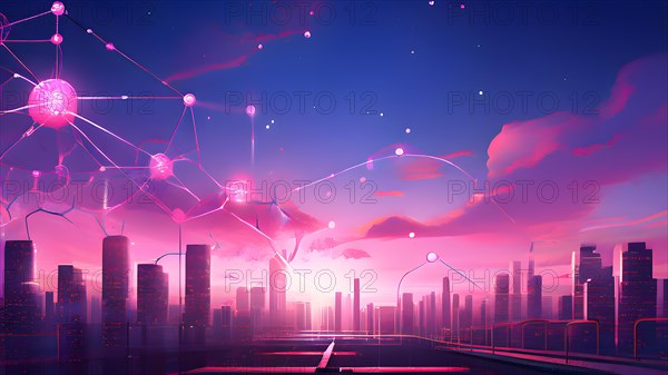 Ai generated conceptual illustration of a neuronal network with city skyline in the background in pink colors, AI generated