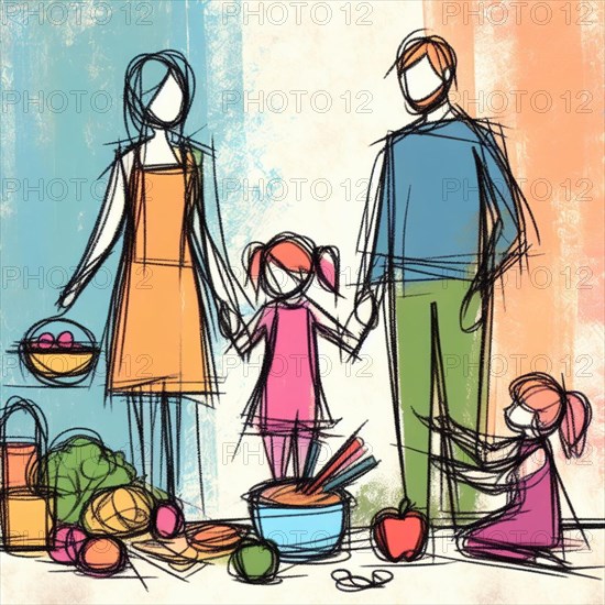 An abstract sketch of a family holding hands with shopping bags and fruits around them, AI generated