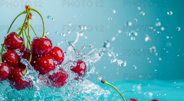 Fresh cherries floating in water. A concept of vegetarian lifestyle and vegetarian diet, AI generated