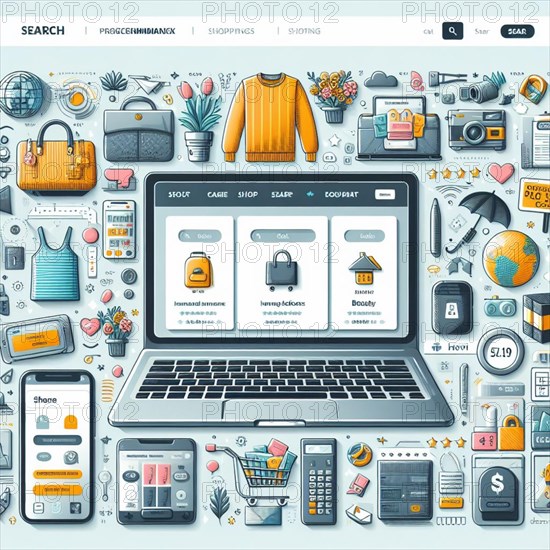 Vibrant illustration showing a laptop screen featuring an e-commerce interface with a variety of shopping and digital payment icons, AI generated