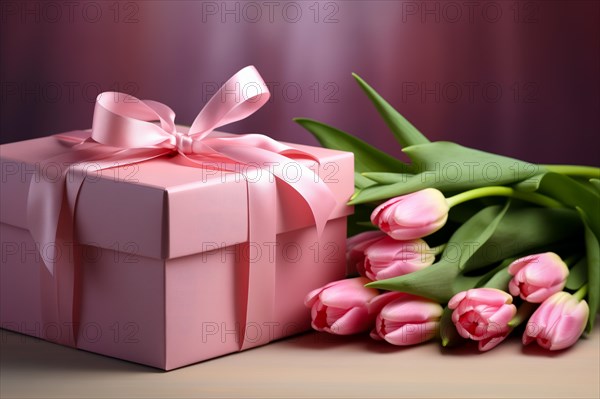 Gift Box with Pink Ribbon Beside bouquet of Fresh Tulips on Bokeh Background. Good for Valentine day, March 8, mother day, spring holidays, birthday designs, AI generated