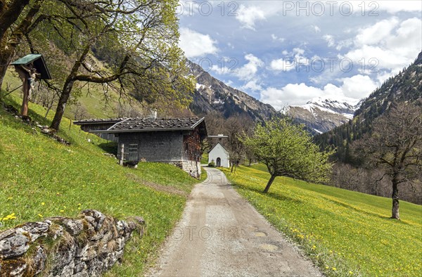 Old farmhouse in the historic mountain farming village of Gerstruben, Marienkapelle chapel at the back, Dietersbachtal, near Oberstdorf, Allgaeu Alps, Oberallgaeu, Allgaeu, Bavaria, Germany, Europe