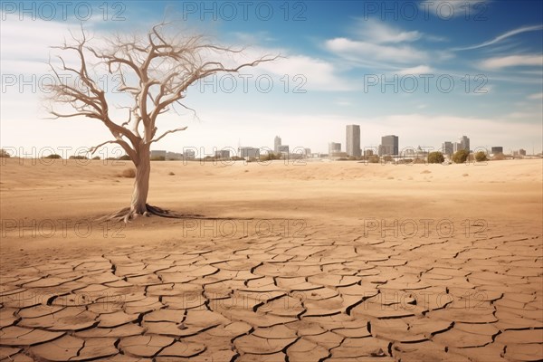 Drought climate change ecology solitude concept, dry dead tree in desert with a dry, cracked ground with city skyscrapers in background, AI generated