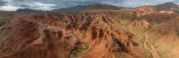 Panorama, gorge with eroded red sandstone rocks, Konorchek Canyon, Boom Gorge, aerial view, Kyrgyzstan, Asia