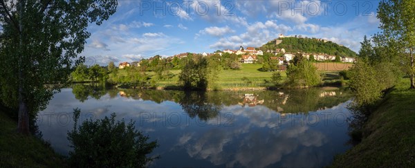 Reflection in a pond, Riegersburg in the morning light, panoramic view, Riegersburg, Styrian volcano country, Styria, Austria, Europe