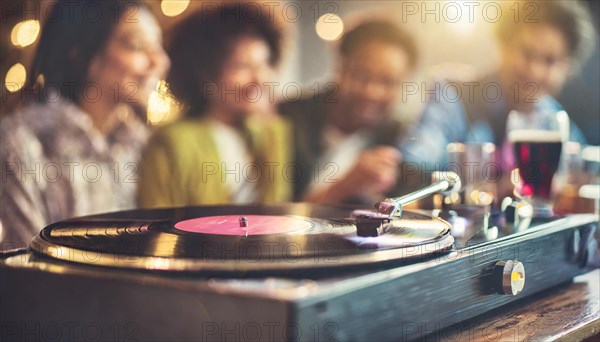 People at a social event with a colorful lit turntable and vinyl record playing, AI generated