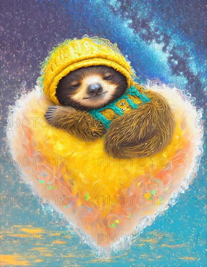 Adorable sloth in a cozy hat cuddling a fluffy heart-shaped cloud surrounded by stars in an illustration, AI generated