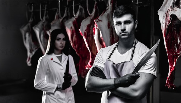 Two butchers in a monochrome setting with intense expressions in a locker with hanging meat, AI generated