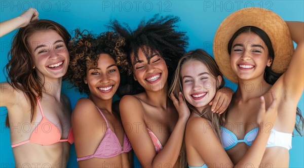 A group of women are smiling and posing for a photo. They are wearing bikinis and hats, AI generated