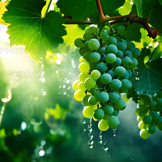 AI generated ripe grapes clinging to a vine sunlight dancing through the leaves accentuating their rich hues