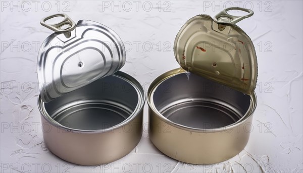 Symbol photo, two empty open cans on a white surface, AI generated, AI generated