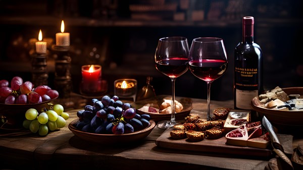 AI generated cellar wine tasting setup featuring rustic wooden table supporting several glasses of red wine