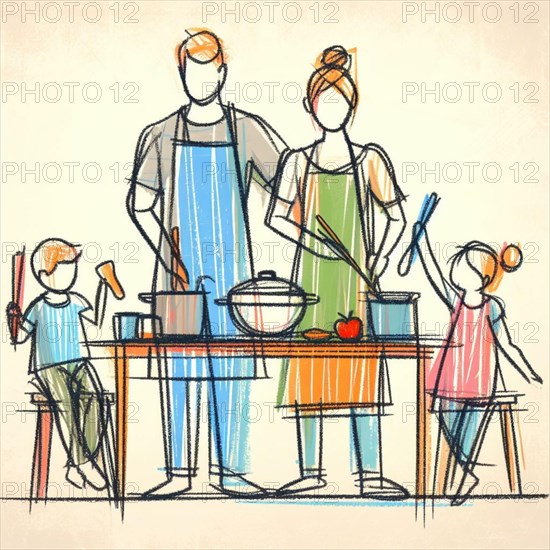 A lively sketch of a family engaged in cooking a meal together in a homely kitchen, AI generated