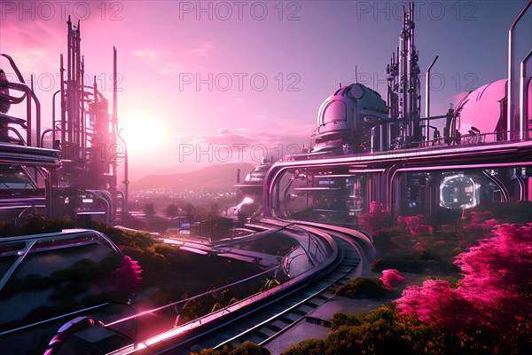 AI generated industrial futuristic landscape merging with ecopunk aesthetics in pink colors