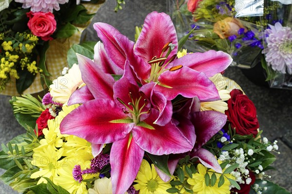 A colourful bouquet of pink Lily (Lilium candidum) and yellow flowers, flower sale, Central Station, Hamburg, Hanseatic City of Hamburg, Germany, Europe