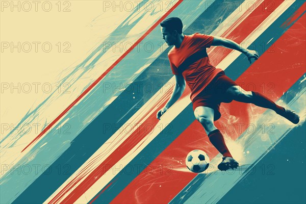 A soccer player dribbles and kicks a soccer ball. Abstract vintage grungy poster style with muted colors, AI generated